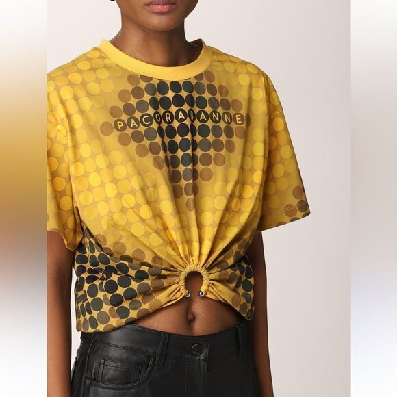 Paco Rabanne Cropped T-Shirt Yellow Dot Medium Ring Detail - Picture 8 of 9